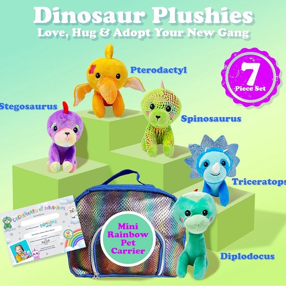 Pomkinz Dinosaur 🦕 🦖 Pet Pals Set of 5 Stuffed Animals Rainbow Bag. - Picture 6 of 8